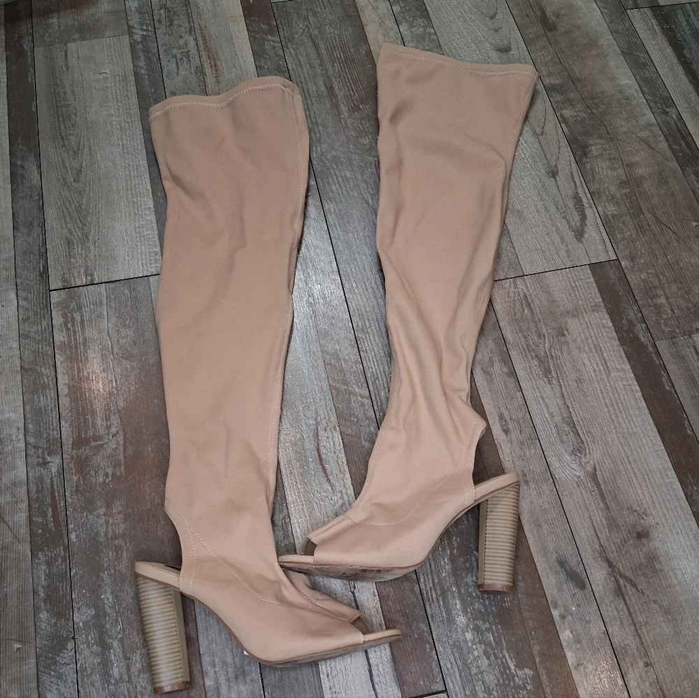 CAPE ROBBIN Connie Tan Thigh High Sock Peep Toe Y2K Block Heel Boots Size 8.5